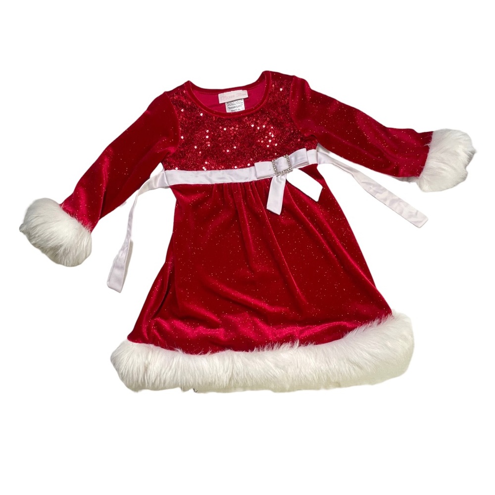 Bonnie Baby Christmas dress red sparkly with sequins w/white fur trim 24…